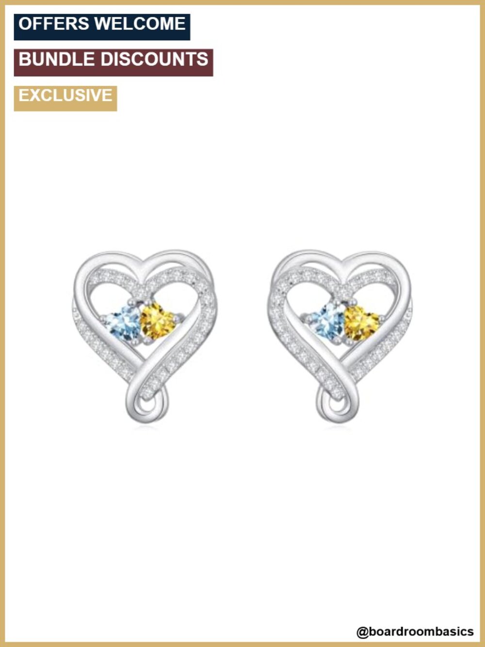 18k White Gold Plated Double Heart Birthstone Stud Earrings Women Gift